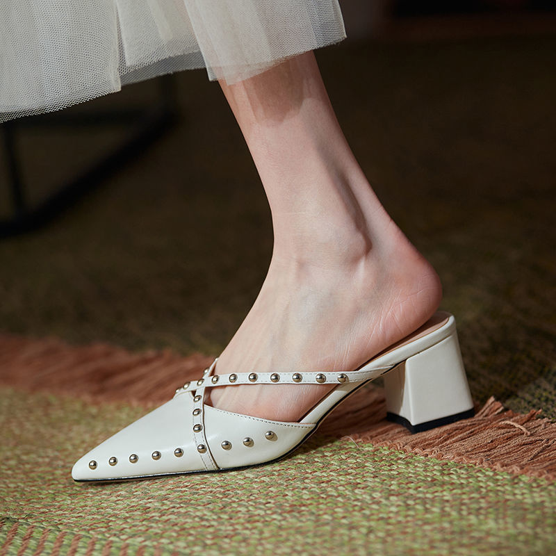 Sarah Express Studded Pointed Toe Chunky Block Heels White