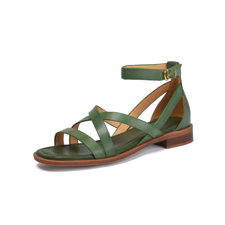 Sarah Express Women's Retro Cross-Strap Flat Sandals Green