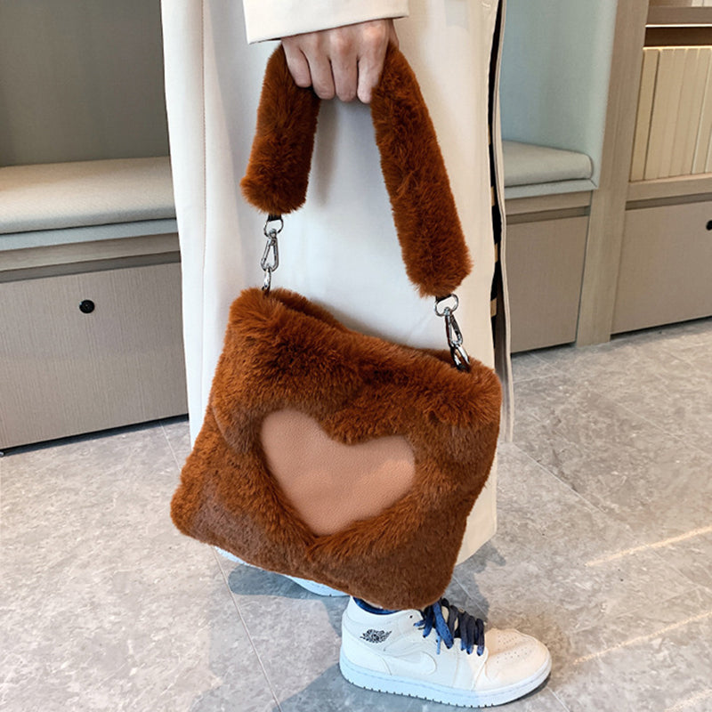 Sarah Express Plush Heart Detail Vertical Shoulder Bag