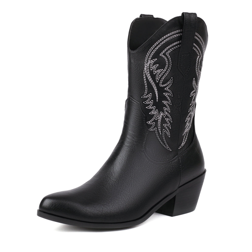 Sarah Express Embroidered Mid Heel Western Ankle Boots Black