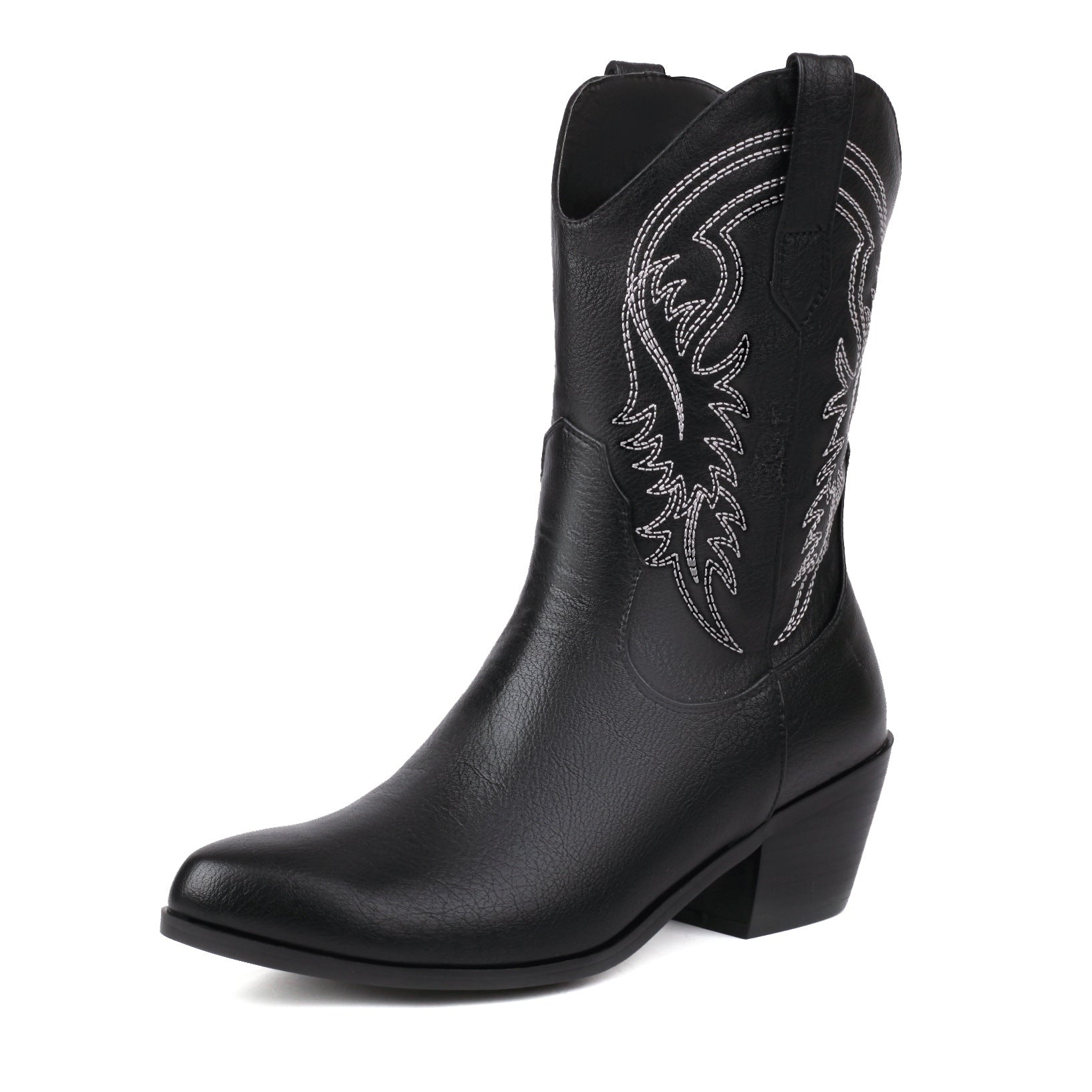 Sarah Express Embroidered Mid Heel Western Ankle Boots Black