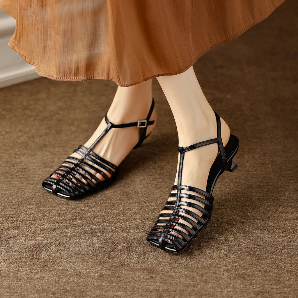 Sarah Express Washed Lambskin T-Strap Cage Sandals