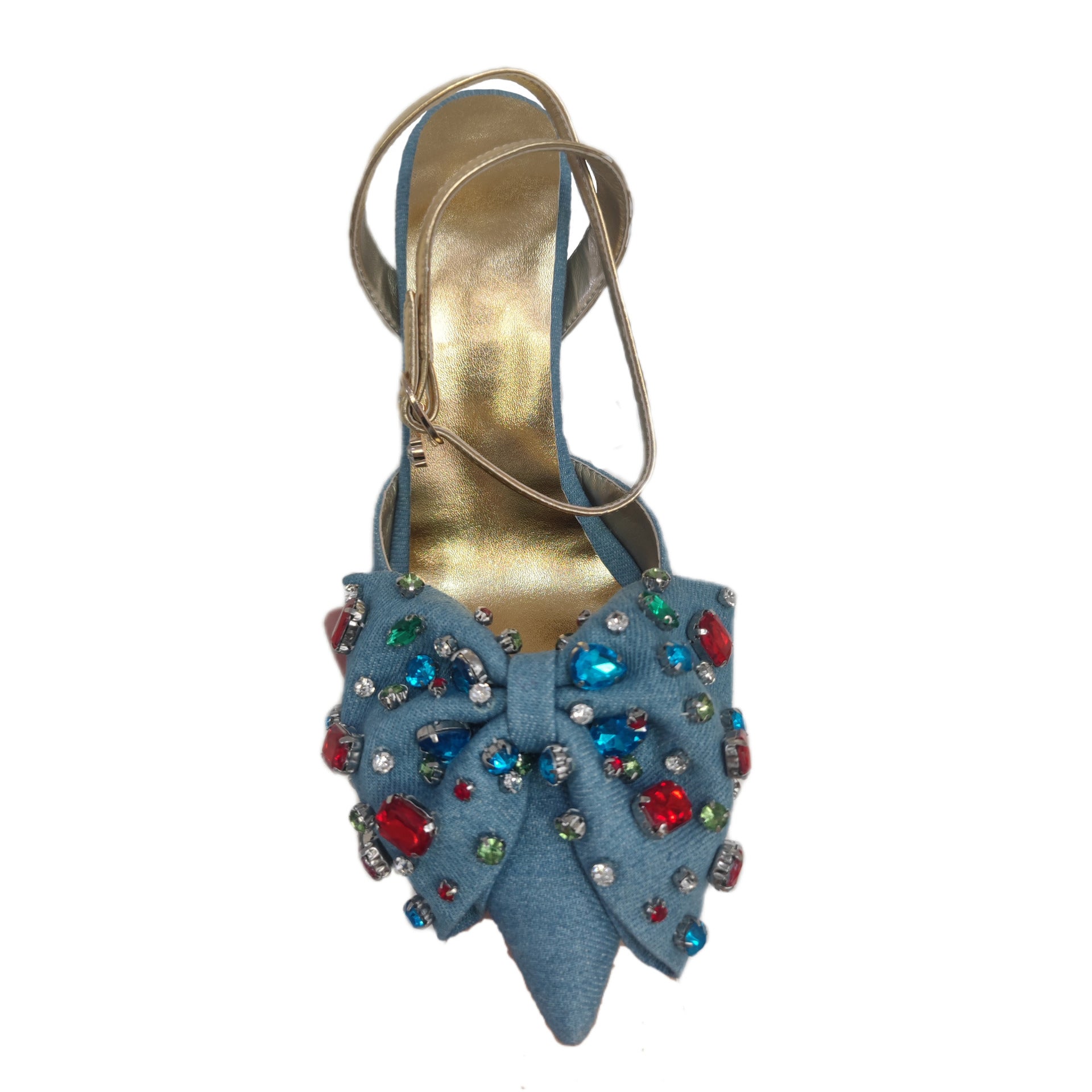 Sarah Express Denim Rhinestone Bow Pointed Toe Heels Denim Color