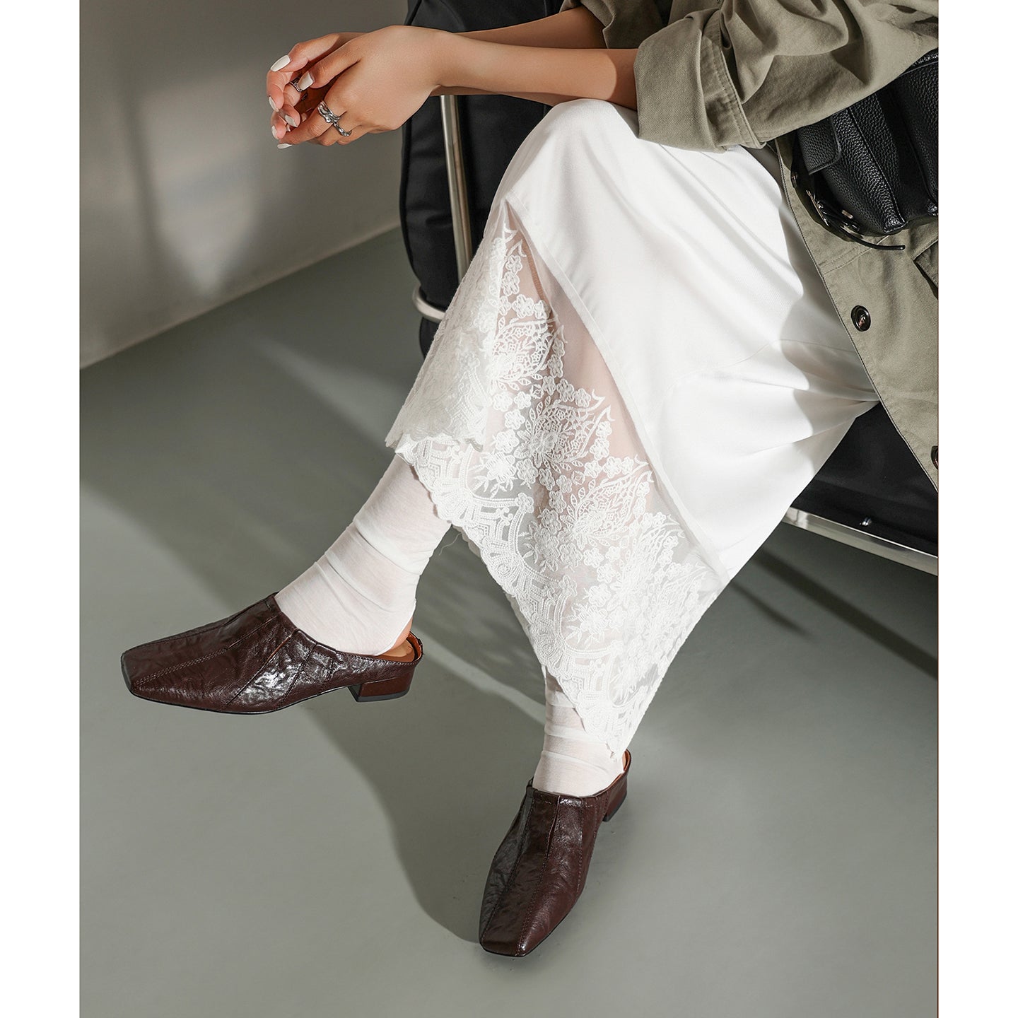 Sarah Express Washed Cowhide Square-Toe Low Block Mules
