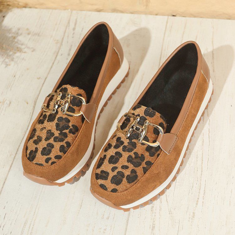 Sarah Express Round Toe Metal Buckle Leisure Loafers Brown