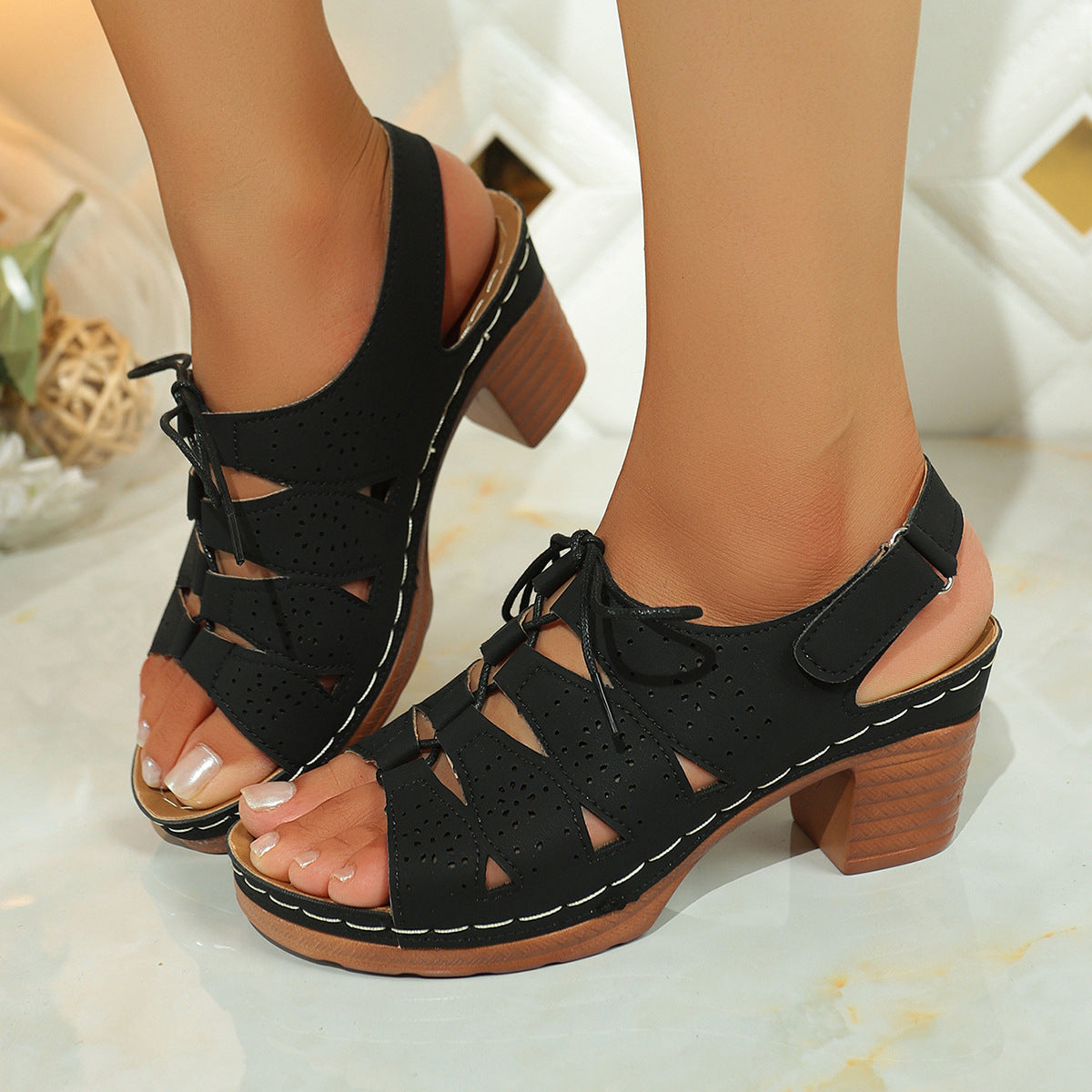 Sarah Express Cutout Lace-Up Mid-Heel Sandals