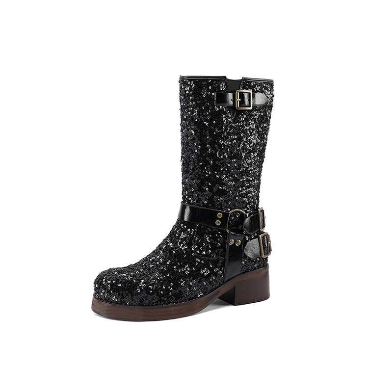 Sarah Express Sequin Buckle Mid-Calf Chunky Heel Boots Black