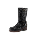Sarah Express Sequin Buckle Mid-Calf Chunky Heel Boots Black