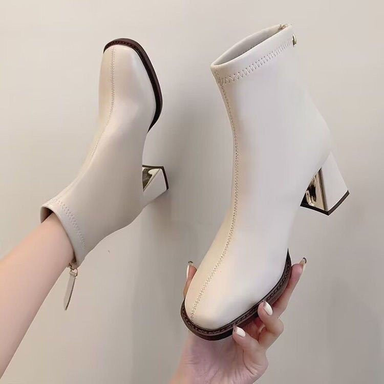 Sarah Express Chunky Heel Ankle Boots with Back Zipper Beige