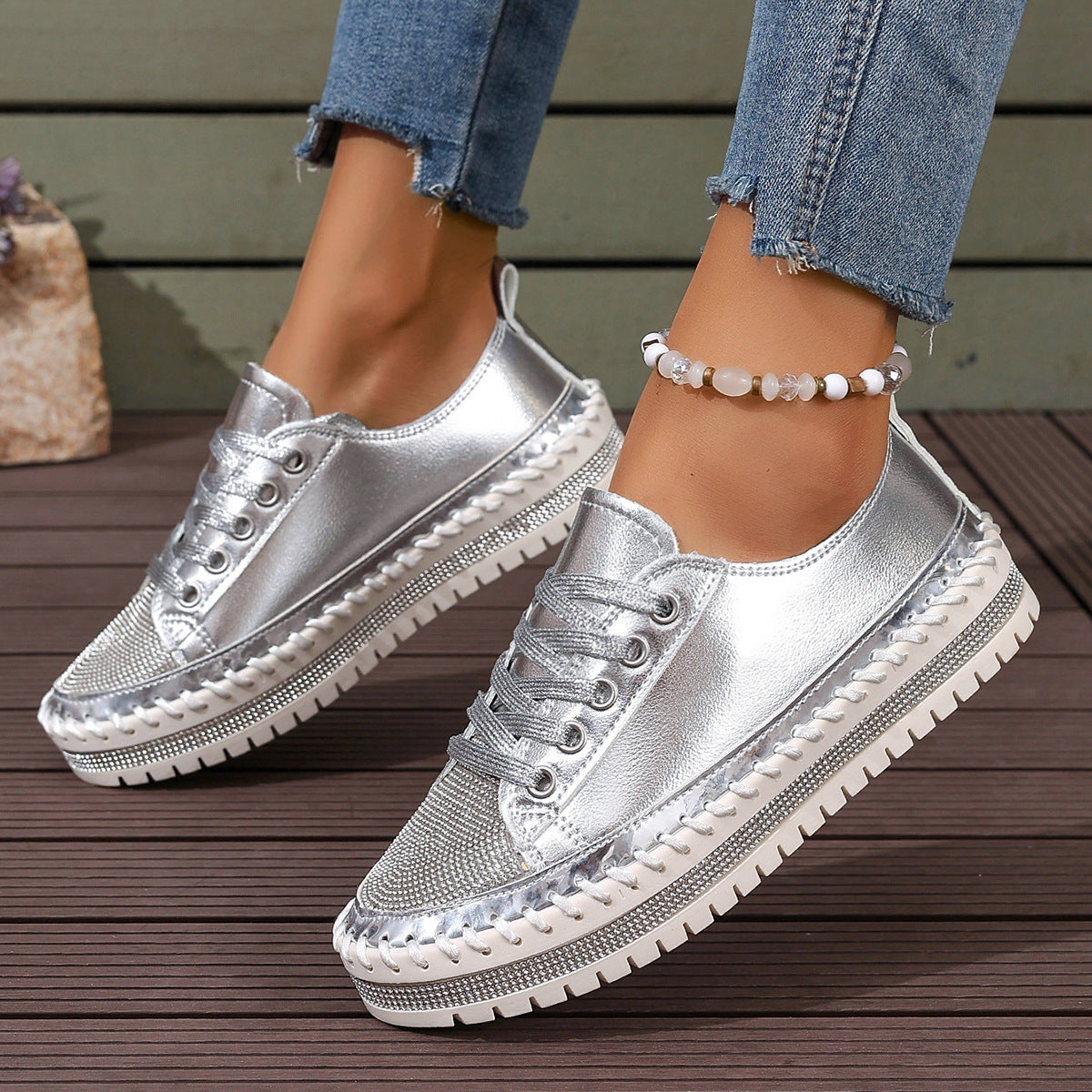Sarah Express Women's Chunky Sole Sequin Lace-Up Sneakers