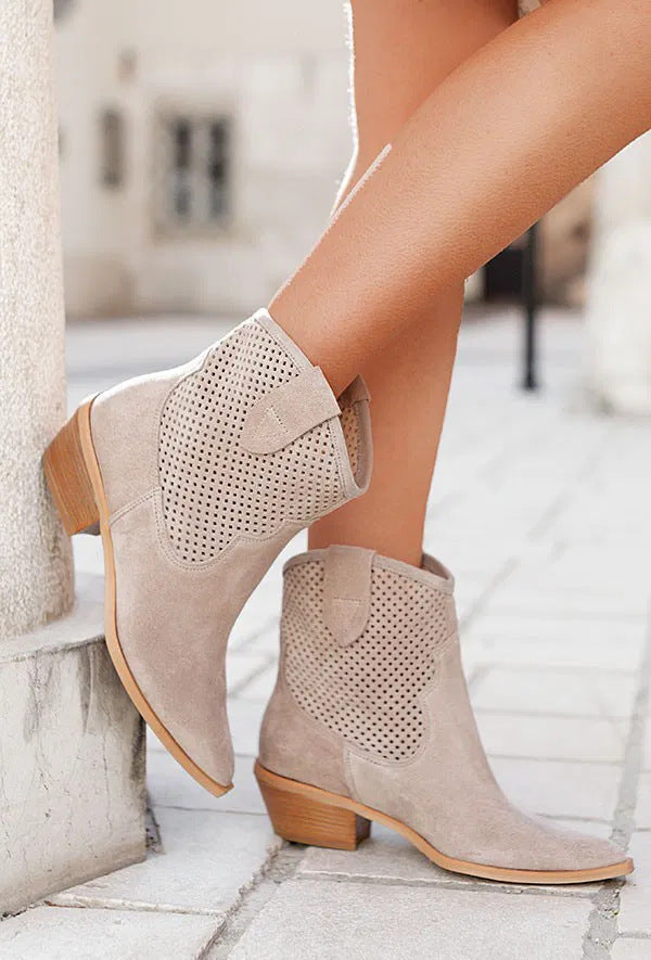 Sarah Express Embossed Suede Pointed Toe Ankle Boots Apricot