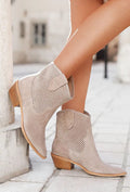 Sarah Express Embossed Suede Pointed Toe Ankle Boots Apricot