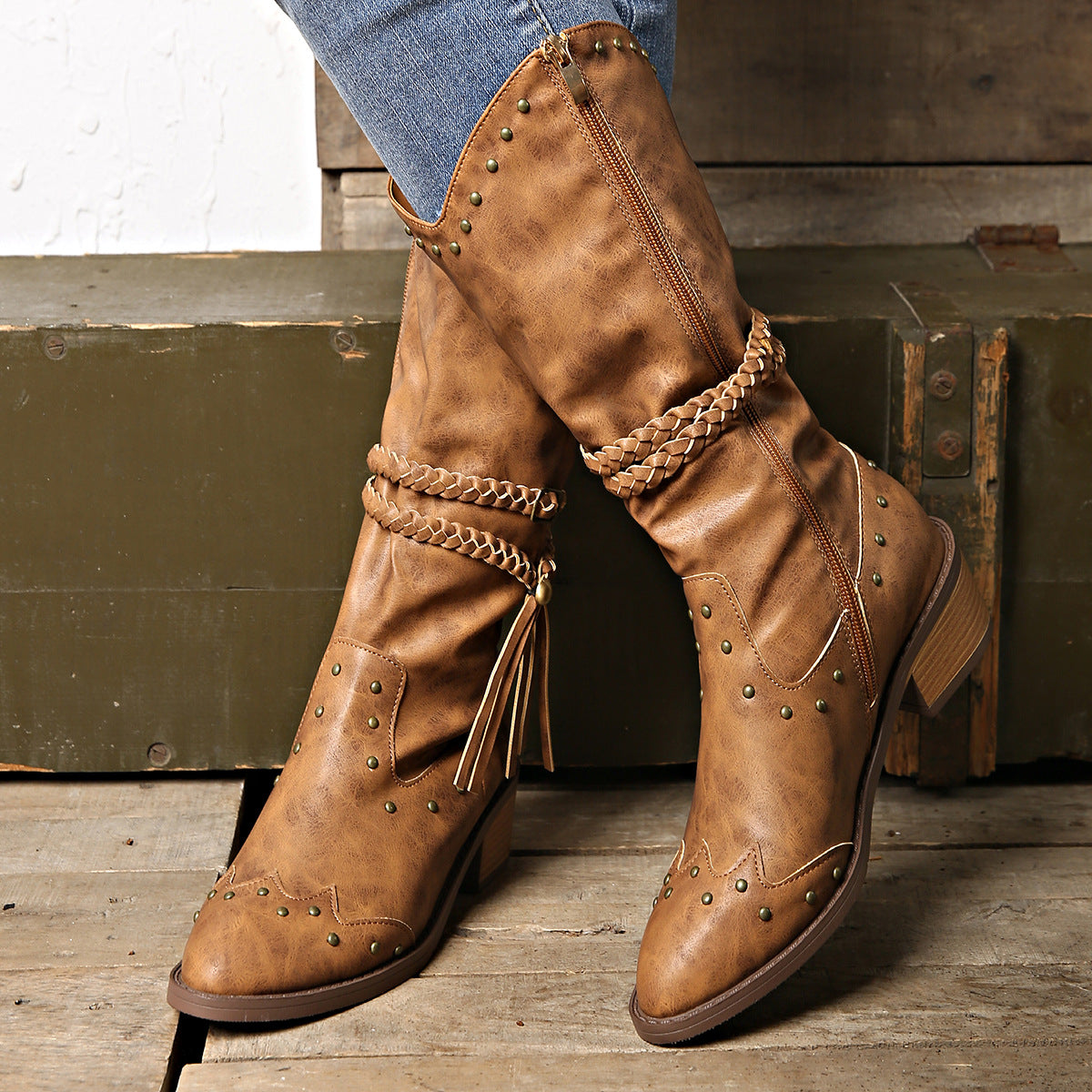Sarah Express Retro Tassel Braided Strap Western Boots