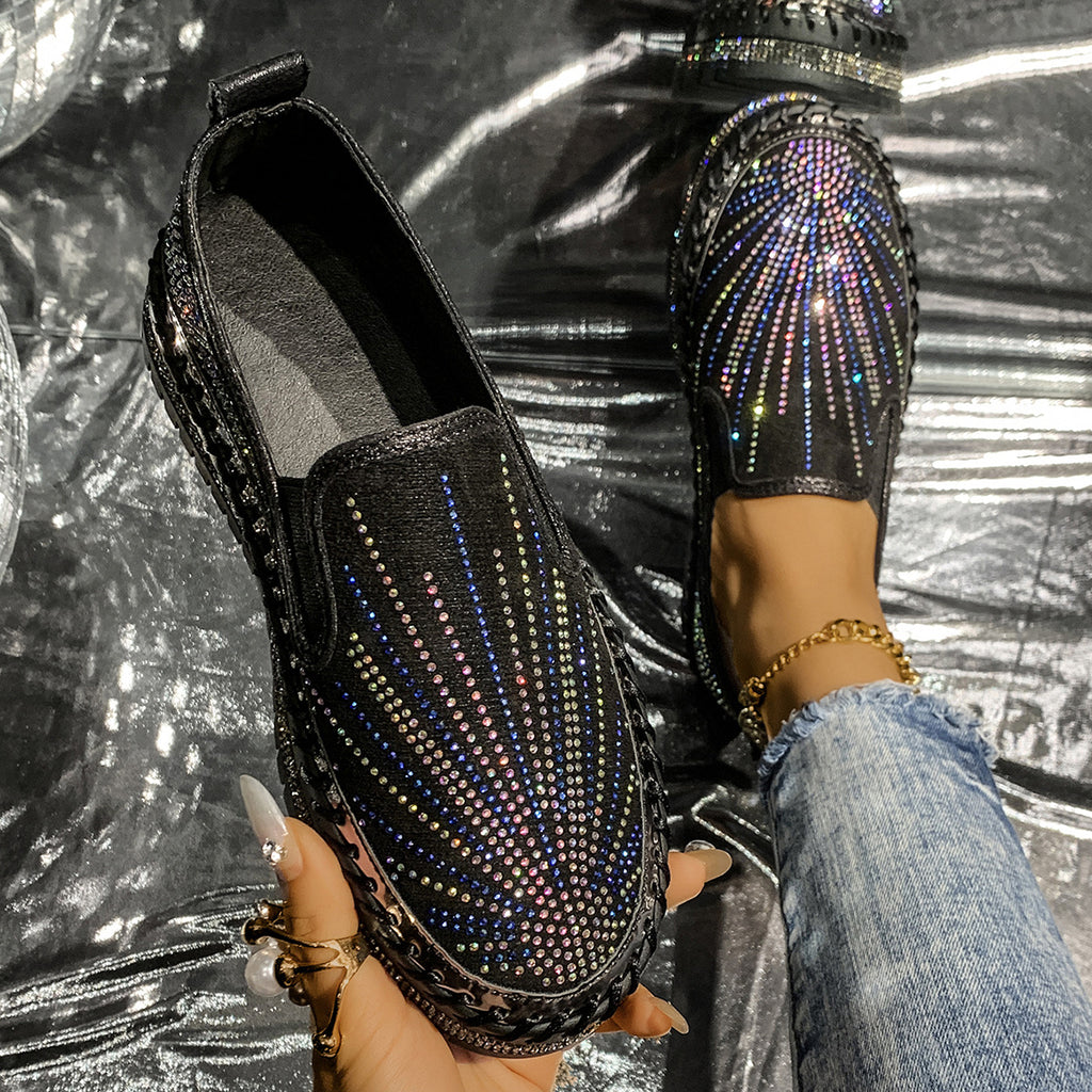 Sarah Express Women's Rhinestone Slip-On Thick Sole Loafers Black