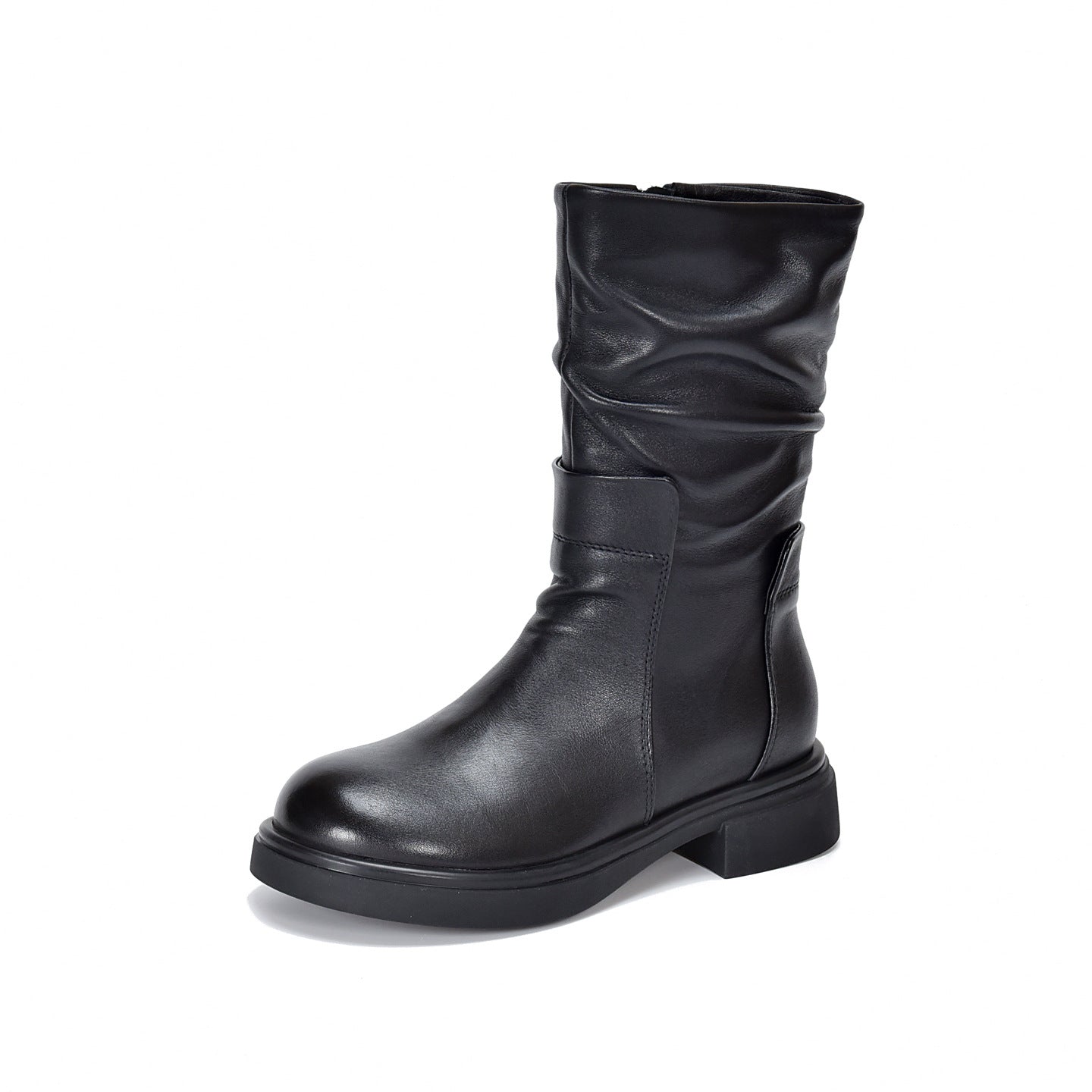 Sarah Express Women's Genuine Leather Mid-Calf Chunky Boots Black Single Liner