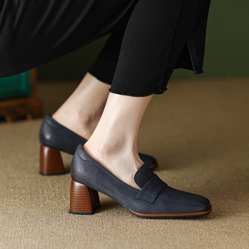 Sarah Express Square Toe Chunky Heel Dress Shoes Blue