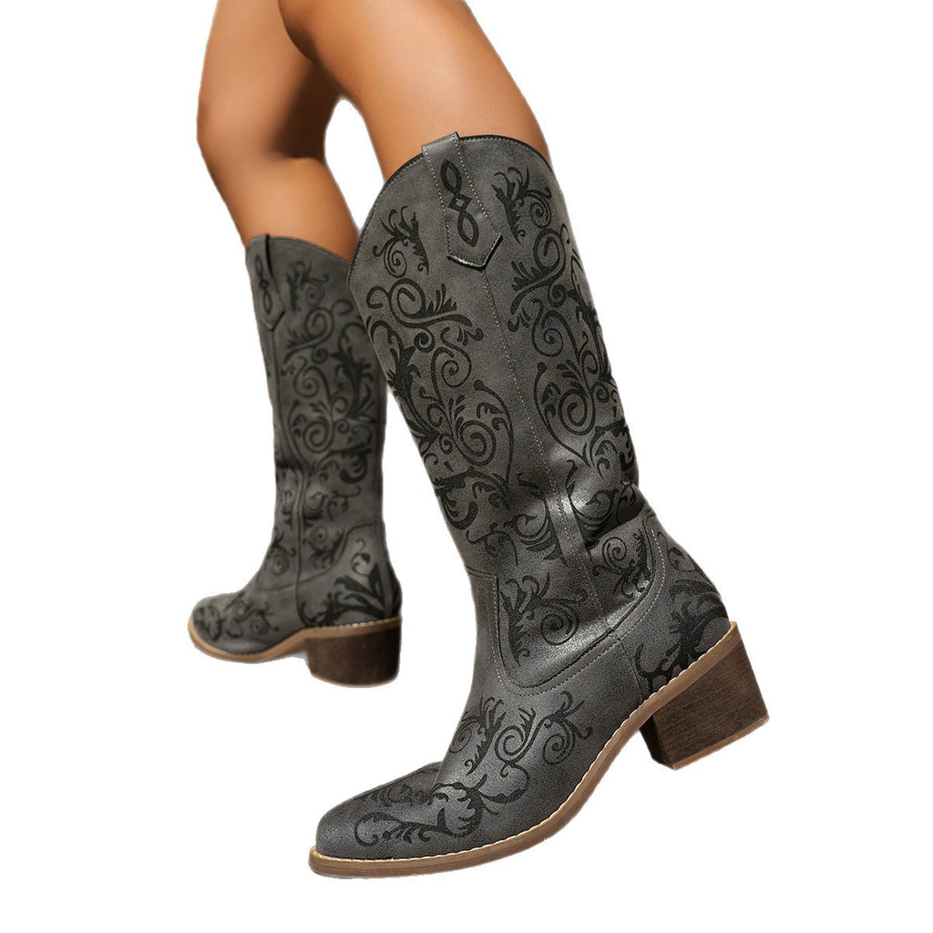Sarah Express Embroidered Pointed Toe Mid Heel Boots