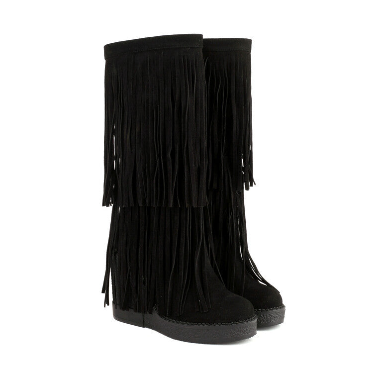 Sarah Express Women's Retro Tassel Wedge Boots Black