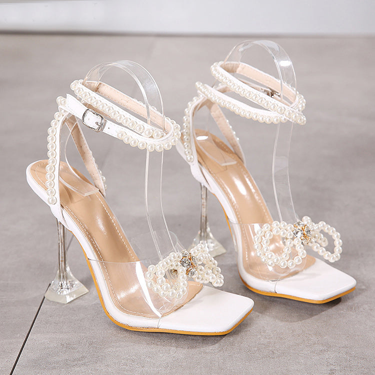 Sarah Express Pearl Bow Square Toe High Heels