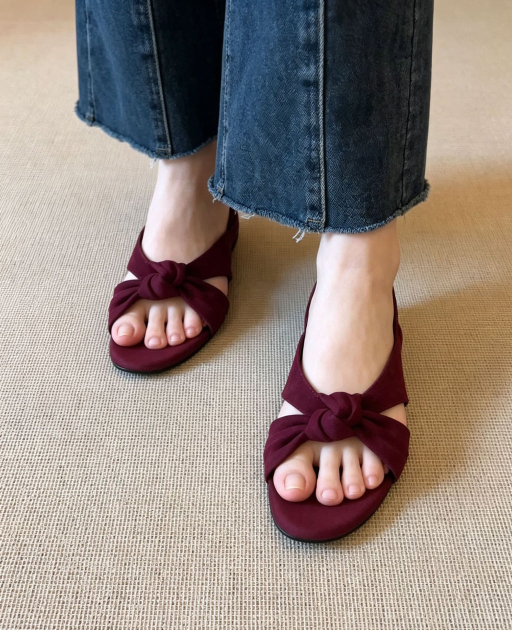Sarah Express Retro Suede Sheepskin Slip-On Wedge Sandals Wine Red