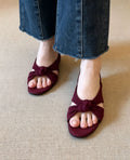 Sarah Express Retro Suede Sheepskin Slip-On Wedge Sandals Wine Red