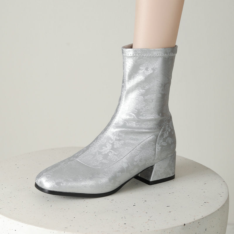 Sarah Express Floral Embroidered Square Toe Ankle Boots