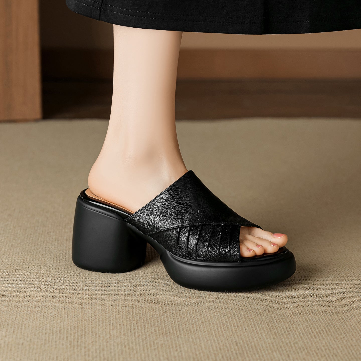 Sarah Express Ruched Lambskin Leather Block Heel Slides