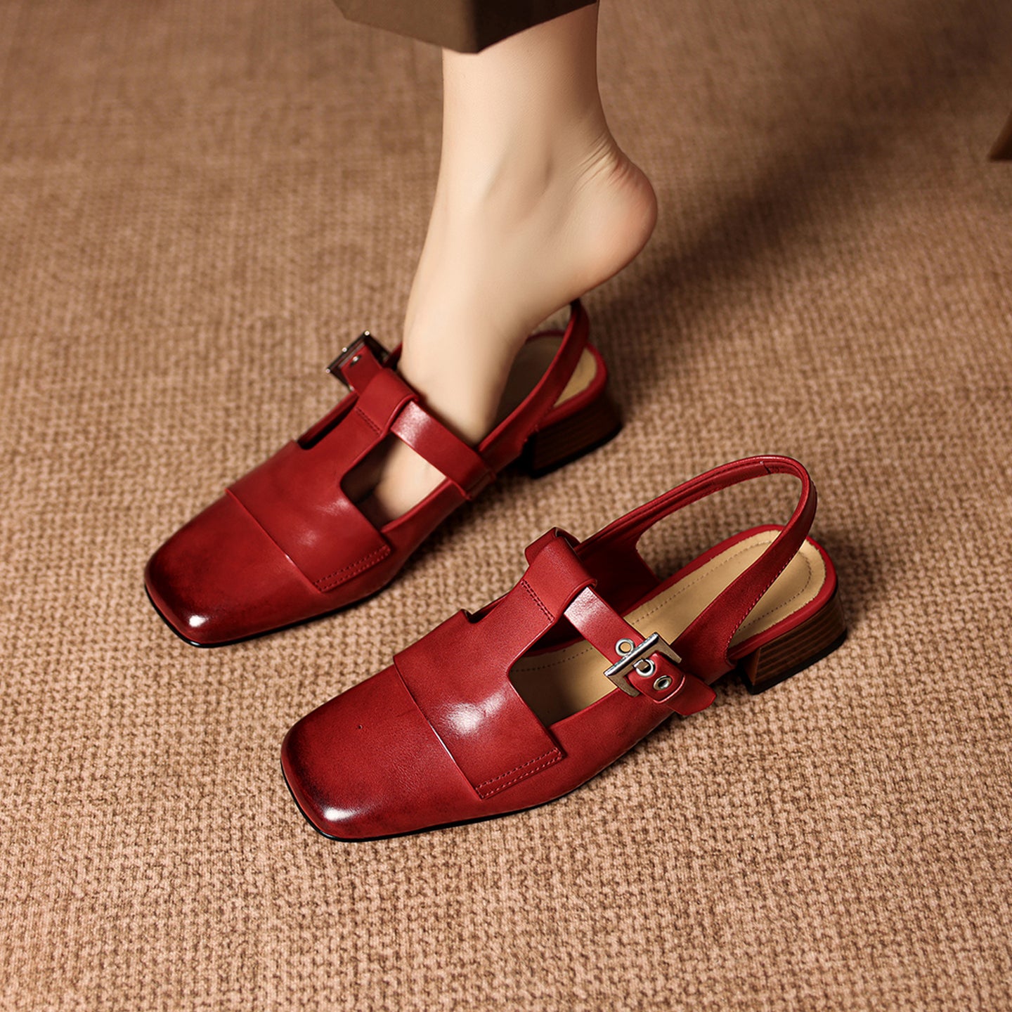 Sarah Express Handmade Leather T-Strap Block Heel Sandals