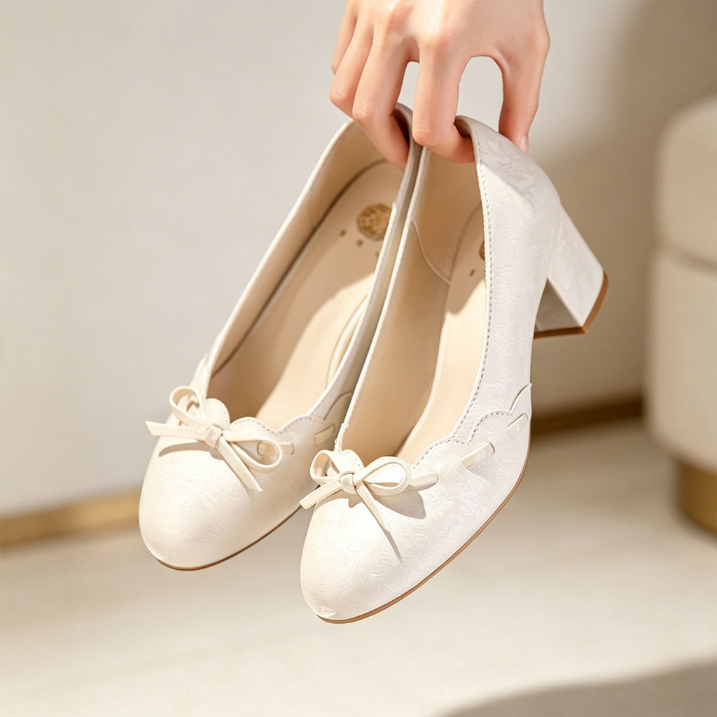 Sarah Express Ivory Jacquard Satin Bow Block Heels