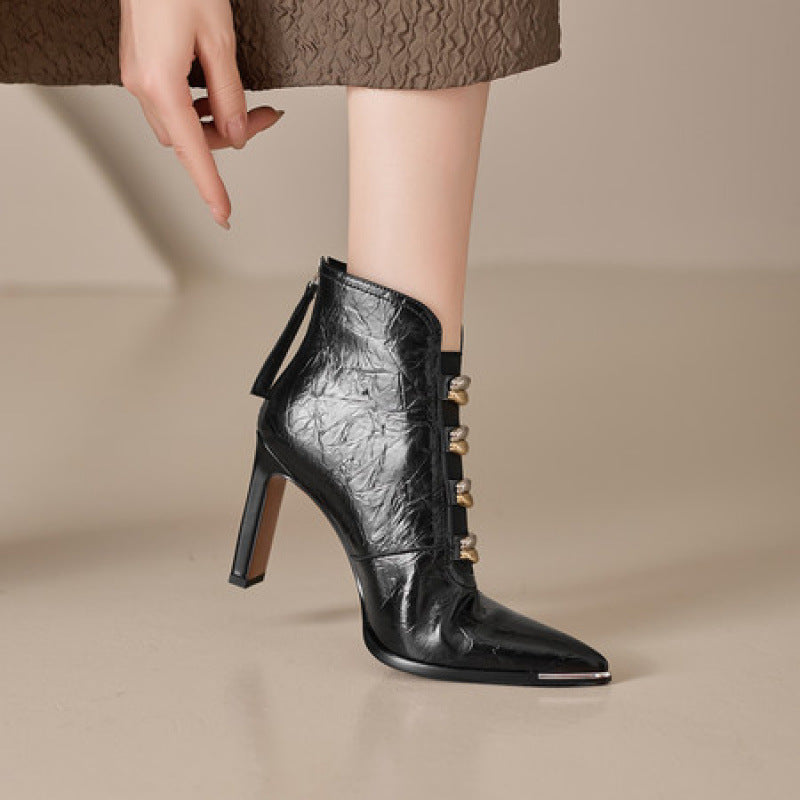Sarah Express Pointed-Toe Satin Chunky Heel Ankle Boots