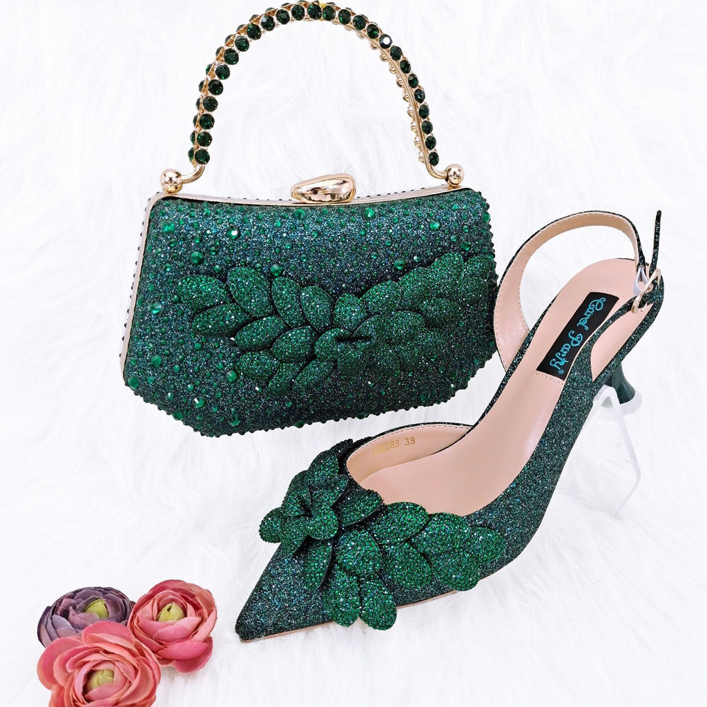 Sarah Express Rhinestone Floral Party Heels and Bag Set