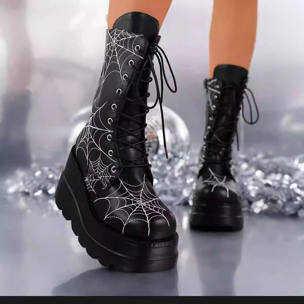 Sarah Express Spiderweb Wedge Mid-Calf Platform Boots