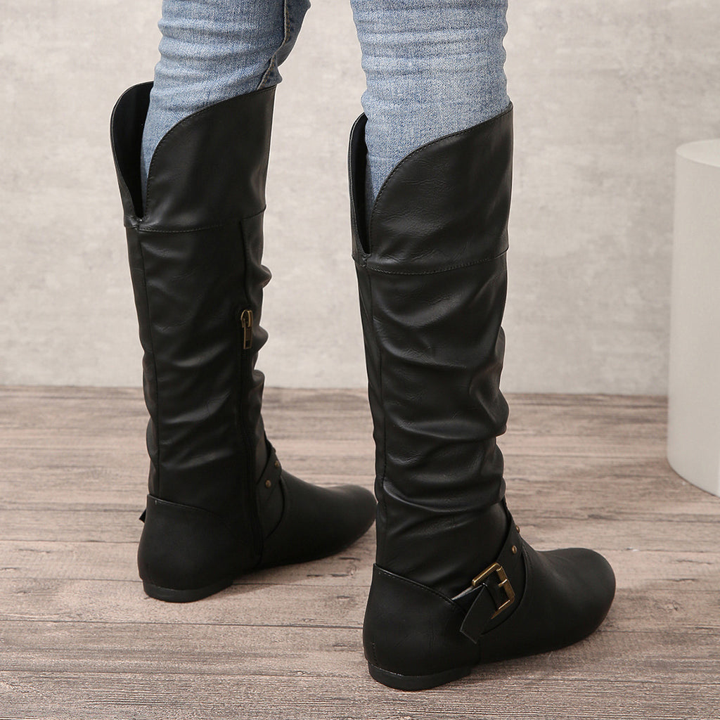Sarah Express Women's Retro Belt-Buckle Chunky Heel Boots