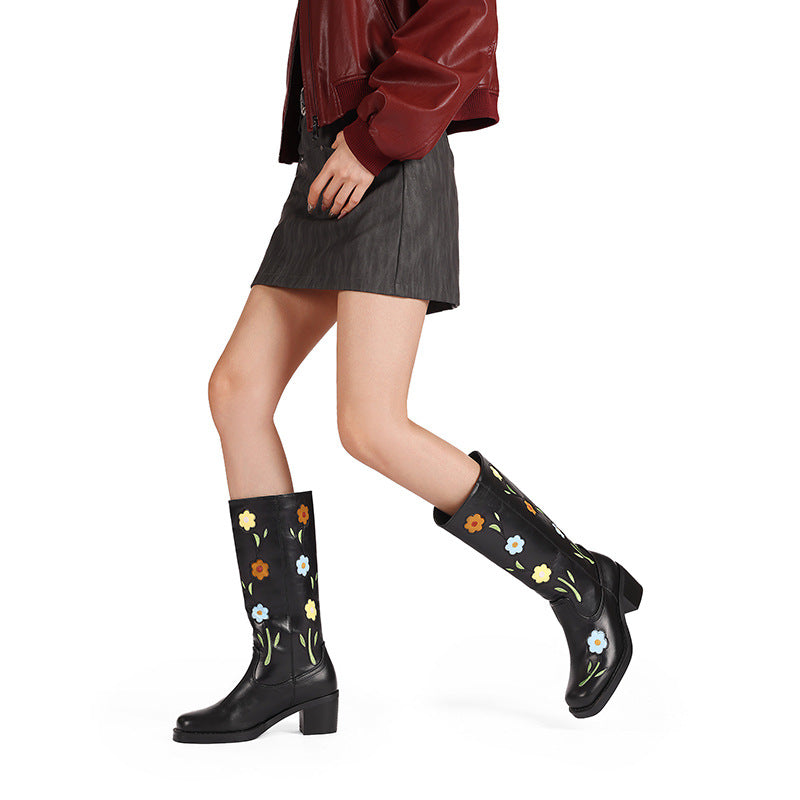 Sarah Express Women's Floral Embroidered Mid-Calf Western Boots