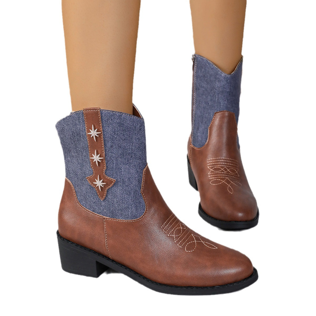 Sarah Express Denim Patchwork Western Pointed Toe Boots