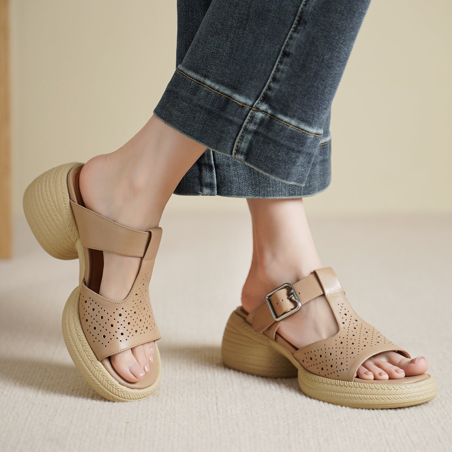 Sarah Express Perforated Leather T-Strap Platform Sandals