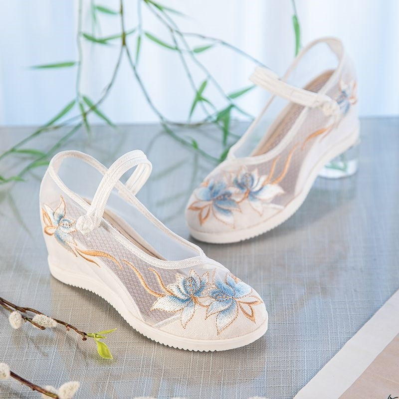 Sarah Express Embroidered Mesh Hidden Wedge Summer Sandals Slope heel White