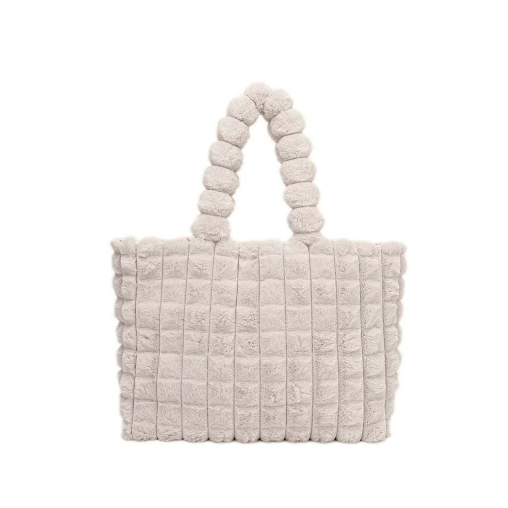 Sarah Express Plush Quilted Plaid Tote Bag Beige