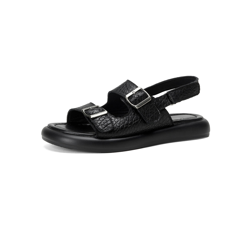 Sarah Express Handmade Sheepskin Double Buckle Platform Sandals Black
