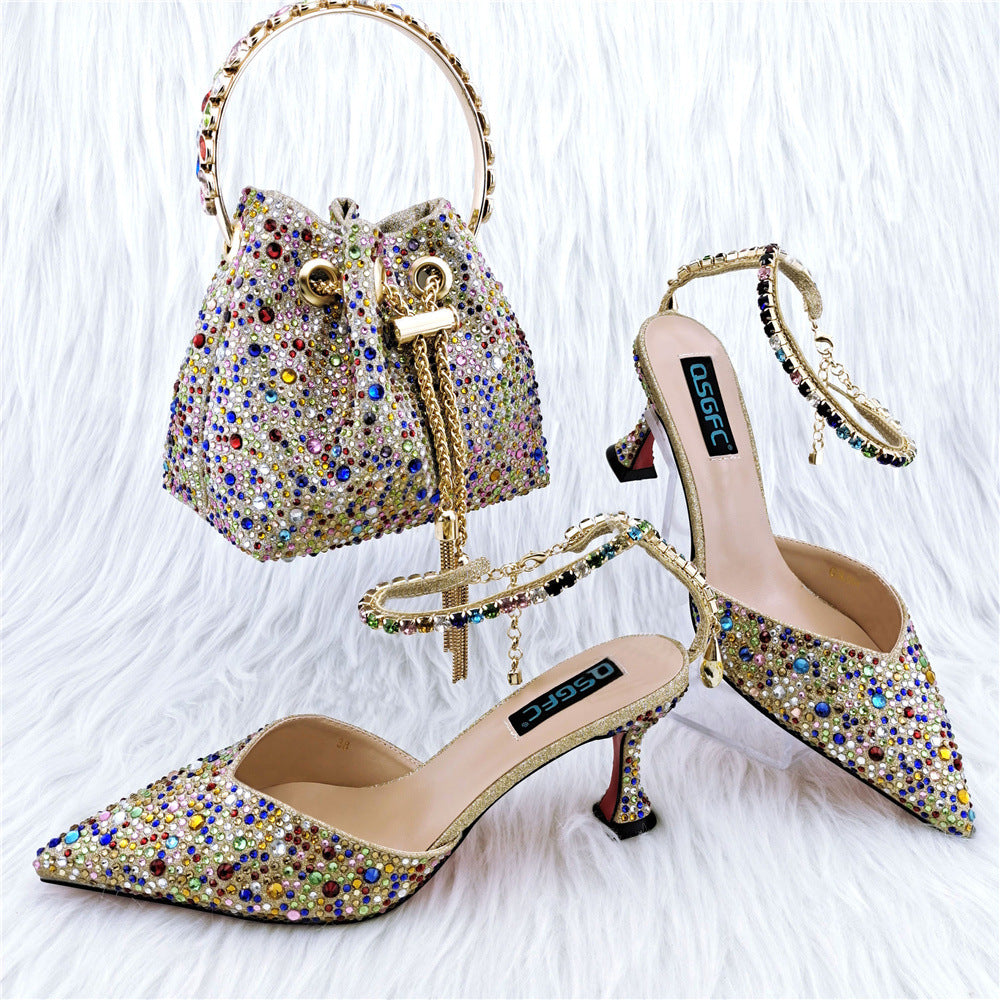 Sarah Express Crystal Embellished Pointed Toe Heel Set Colored gold
