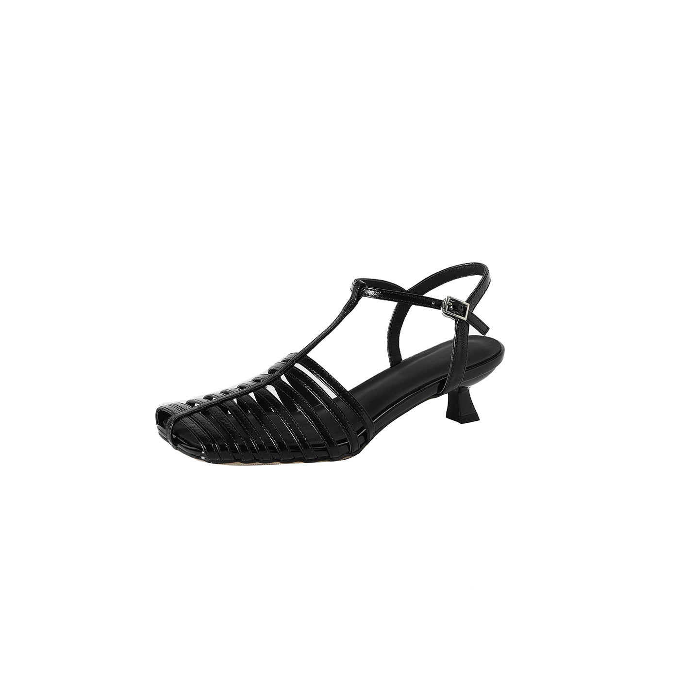 Sarah Express Washed Lambskin T-Strap Cage Sandals Black