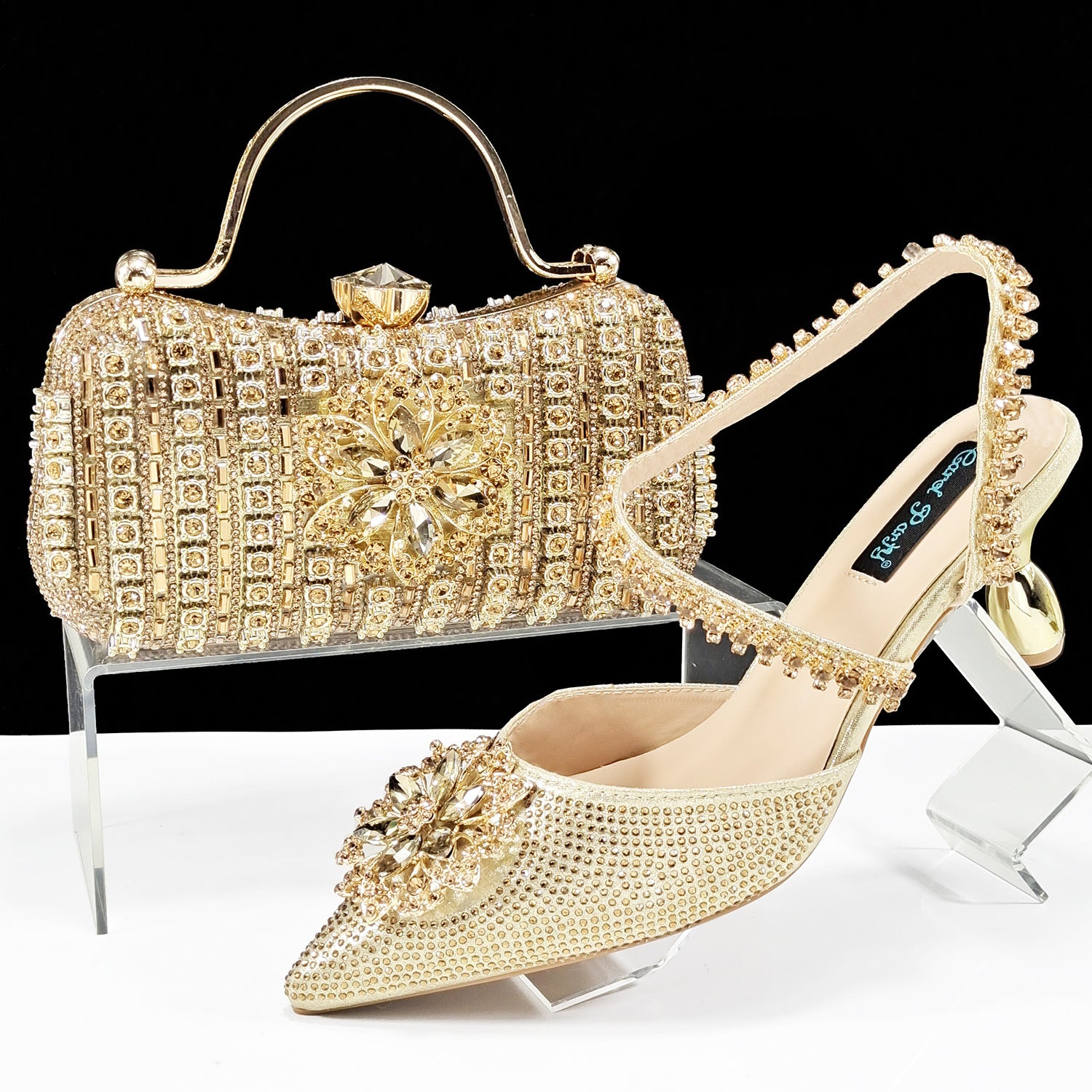 Sarah Express Rhinestone Embellished Clutch and Heel Set Gold