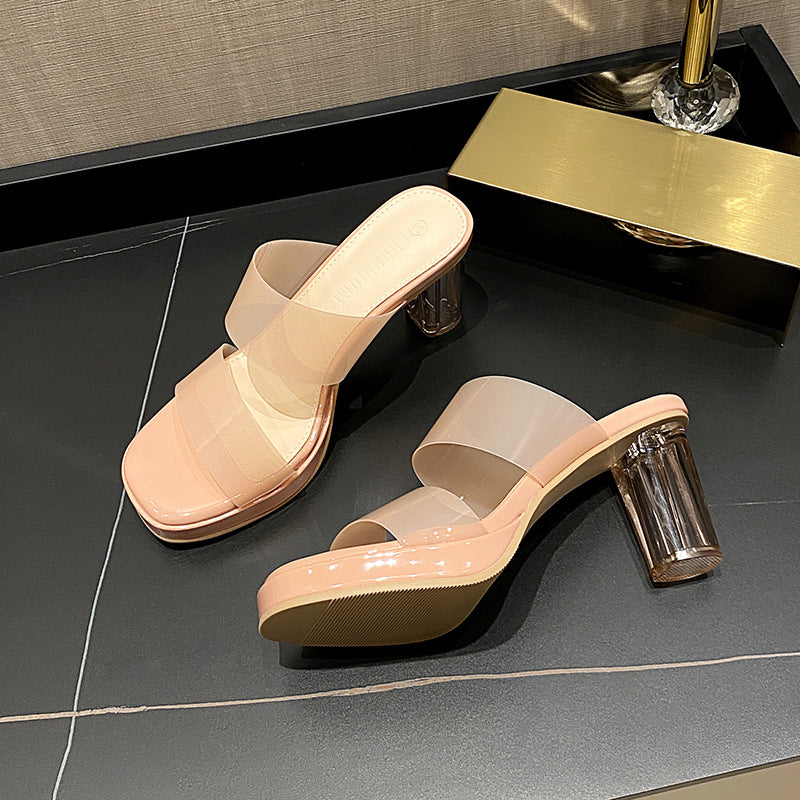 Sarah Express Transparent Square Toe Block Heel Sandals