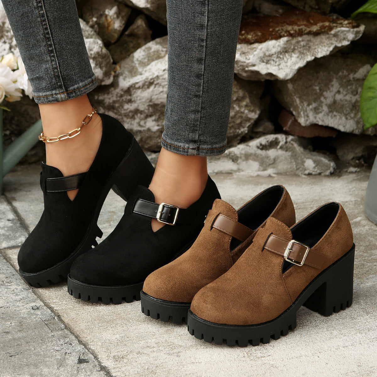 Sarah Express Chunky Suede Block Heel Pumps