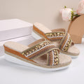 Sarah Express Ethnic Style Linen Wedge Sandals Yellow