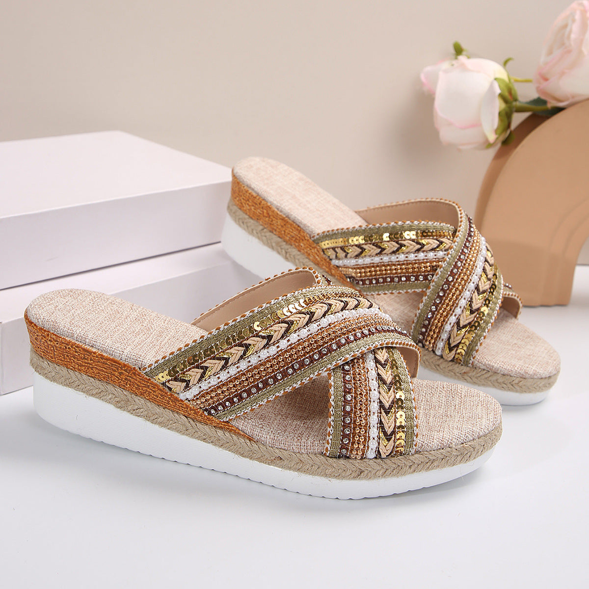 Sarah Express Ethnic Style Linen Wedge Sandals Yellow