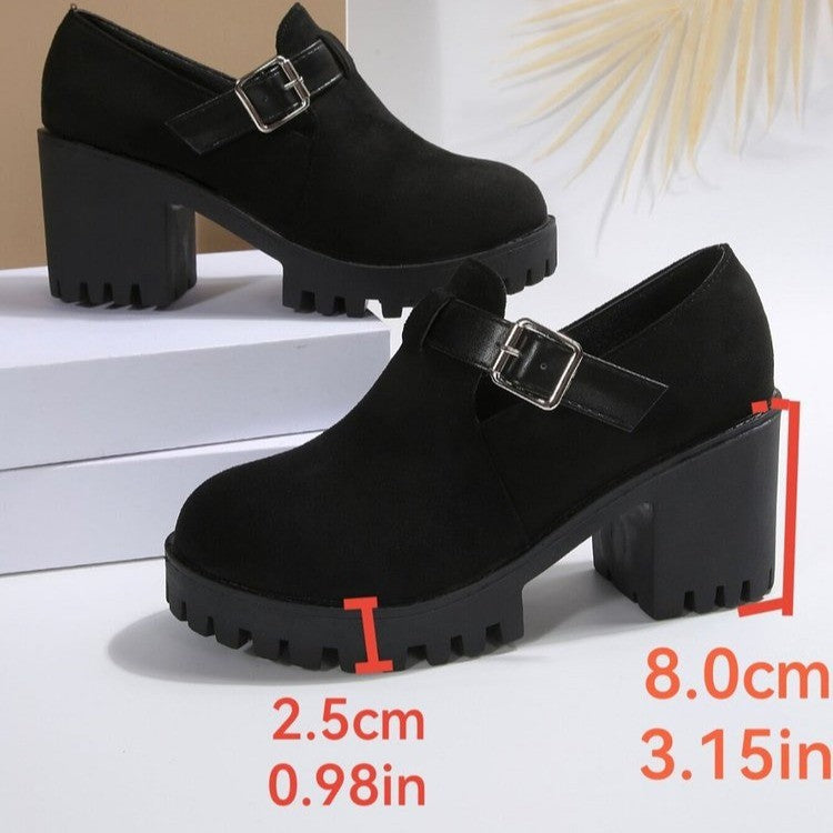 Sarah Express Chunky Suede Block Heel Pumps Black