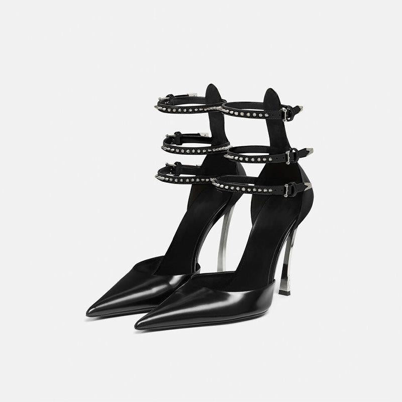 Sarah Express Pointed Toe Buckle Strap High Heels Black