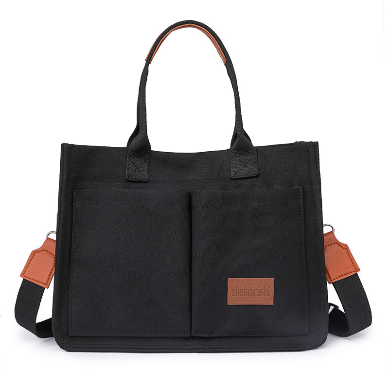 Sarah Express Canvas Multi-Pocket Tote and Crossbody Bag Black