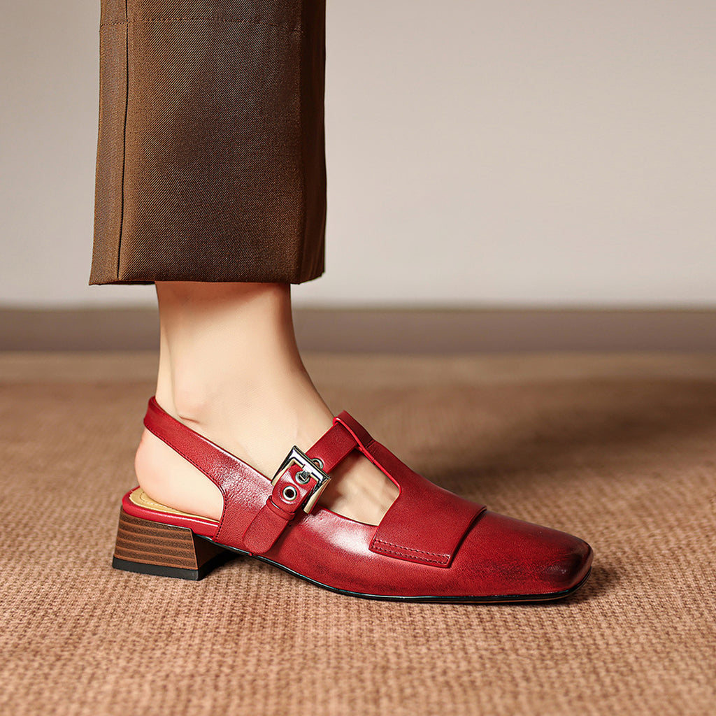 Sarah Express Handmade Leather T-Strap Block Heel Sandals